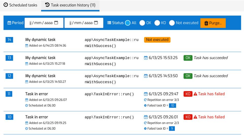 Screenshot of the Task execution history view provided by the ZnetDK 4 Mobile 'z4m_asynctasks' module