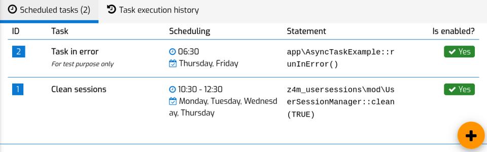 Screenshot of the Scheduled task list view provided by the ZnetDK 4 Mobile 'z4m_asynctasks' module