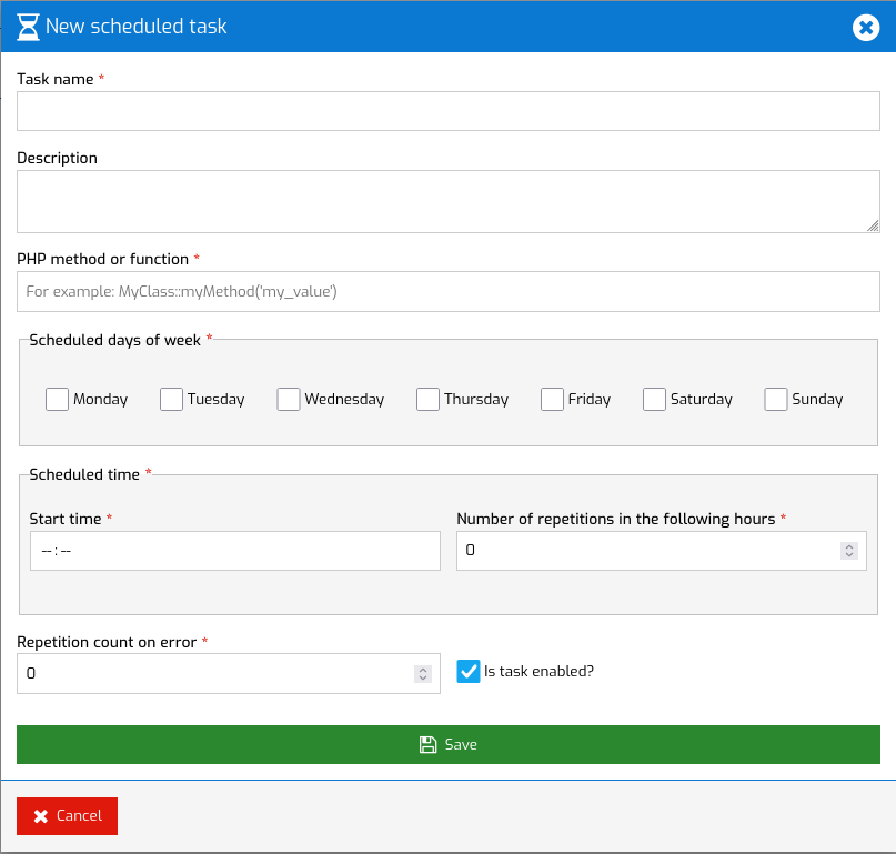 Screenshot of the New scheduled task modal dialog provided by the ZnetDK 4 Mobile 'z4m_asynctasks' module