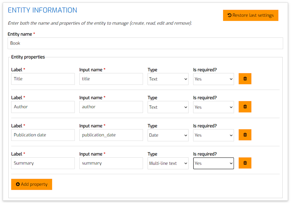 Screenshot of the CRUD Code Generator view provided by the ZnetDK 4 Mobile 'z4m_codegen' module