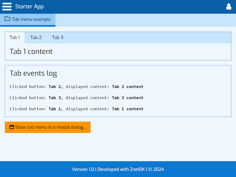 Screenshot of the Menu tab example view provided by the ZnetDK 4 Mobile 'z4m_menutab' module