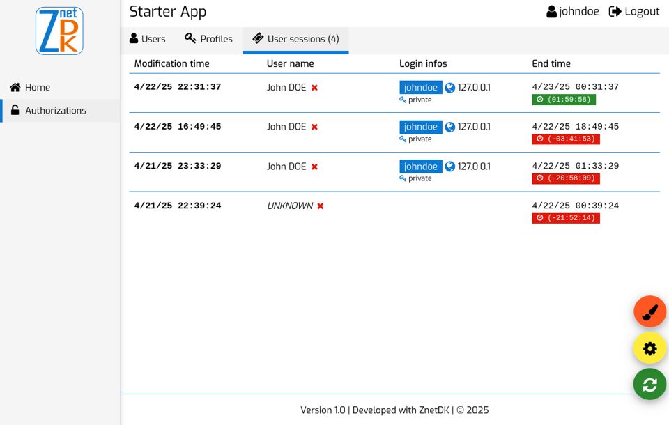 Screenshot of the User sessions view provided by the ZnetDK 4 Mobile 'z4m_usersessions' module