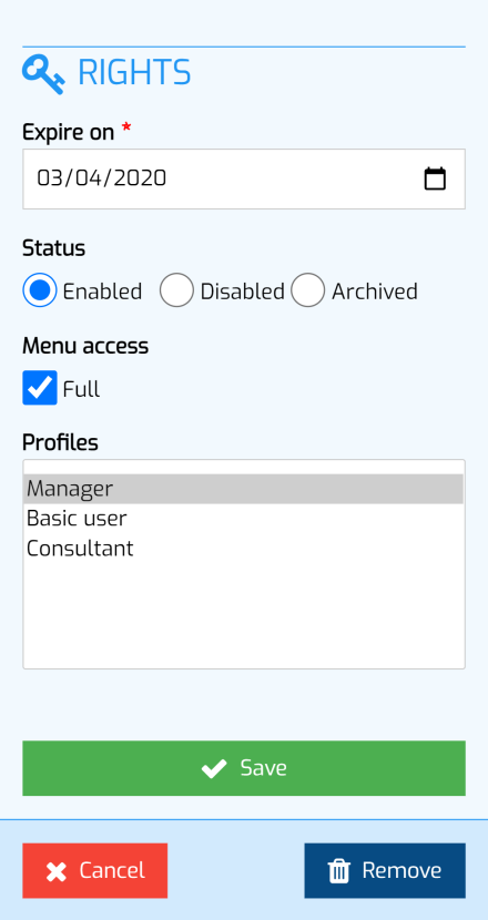 Edit user in ZnetDK for Mobile
